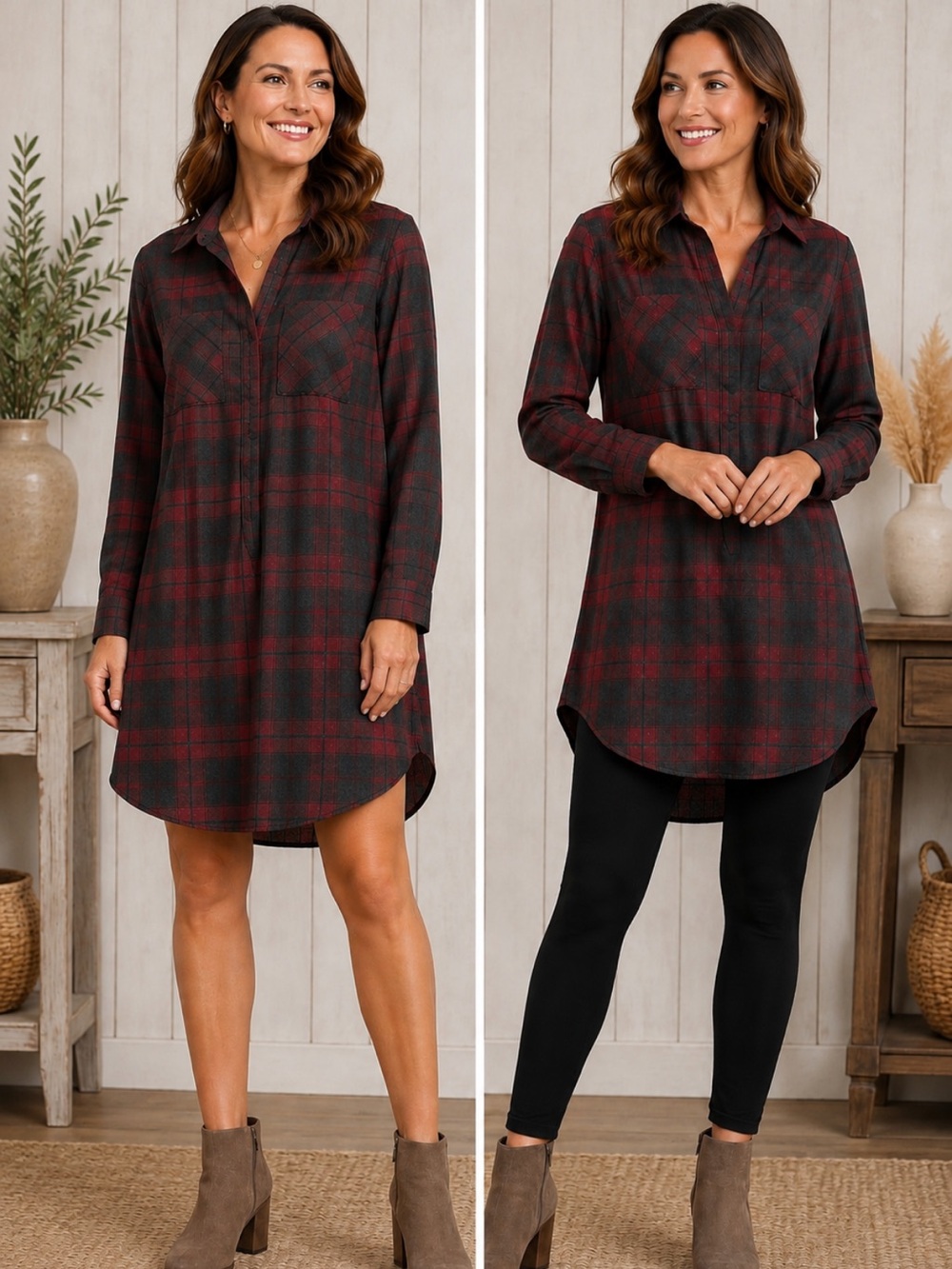 Cloth & Stone Plaid Popover Tunic Blouse/Dress Burgundy Charcoal Gray